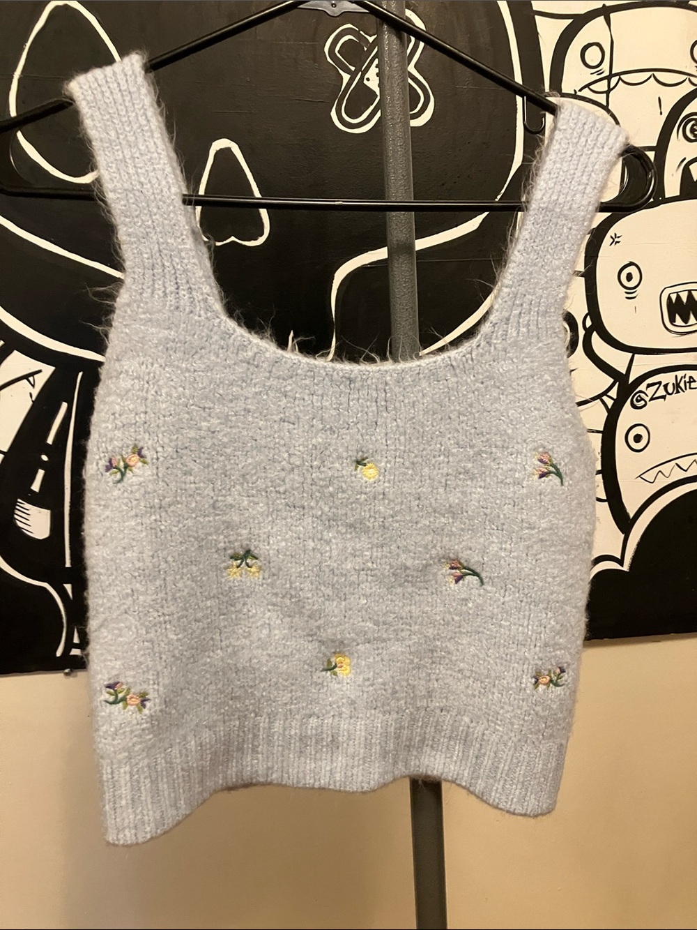 Embroidered Fuzzy Light Blue Cropped Sweater Tank